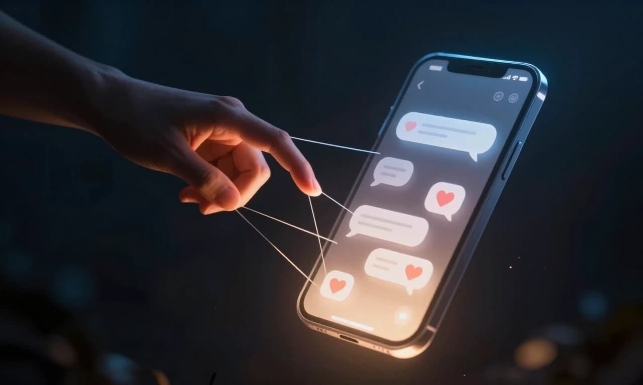 A person reaching toward a glowing translucent phone screen floating in darkness, the screen showing fragmented message bubbles and heart emojis, ethereal threads pulling their hand like puppet strings, metaphor of being trapped by hope and digital memories, surreal but emotional, symbolic realism, moody blue and warm amber tones, 8k --ar 16:9 --style raw
