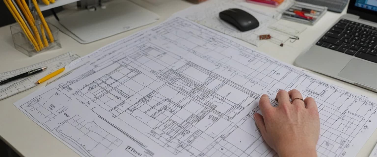 Photorealistic, frontal view of a clothing pattern design bureau. Foreground: a matte white desk with neatly arranged paper sewing patterns, transparent plastic drafting rulers (lecalas), technical flat sketches, graphite pencils, and a metal ruler. In the left corner of the desk, a modern computer with a large monitor showing CAD software displaying a 3D flattened pattern piece for a coat. Background (heavily blurred with bokeh): a metal clothing rack holding finished garment samples (a classic coat and two dresses), as well as finished paper patterns hanging on hangers. Lighting: soft directional light from the top-left (daylight, 5000K) highlighting the texture of the paper and plastic, with no glare on the monitor screen. Shallow depth of field, focus on the table with patterns and the computer.