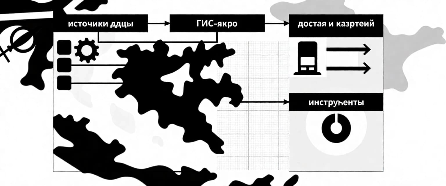Слева — блок «источники данных» (иконки: спутник, база данных, полевой прибор, реестр). От него линии ведут в центральный блок «ГИС‑ядро» (стилизованная карта с шестерёнкой или значком «обработка»). Из ядра выходят потоки к трём направлениям: «публикация» (значок web‑сервиса), «анализ и карты» (тематическая карта, картограмма), «инструменты» (маршрут, измерения, редактирование). Справа — блок «доступ пользователей» с иконками устройств и значком «авторизация». На фоне — лёгкие линии сетки координат и полупрозрачные контуры рельефа, чтобы сохранить географическую привязку.