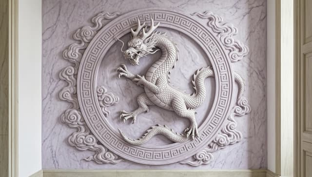 Architectural bas-relief for a bright hallway (wall 3500×2600 mm). Relief depth — 25–35%, near-flat, graphic, like chasing. Center — flat ornamental circle (disc/ring) diameter 110–140 cm with geometric patterns. Inside — bas-relief smoke. Eastern (Chinese) dragon — long wingless serpentine body, brutal head: broad, flattened, massive jaws, fierce eyes, protruding fangs, stiff whiskers, gnarled antler-horns. Pose — Mortal Kombat: three-quarter turn, head tilted forward, one claw extended in grasping reach, other pressed to chest, hind legs spread wide. Body loops inside the circle and arches over the edge of the flat ring, coiling around it from outside within the wall plane (not like rope around a hoop, but as an ornamental flow). Claws grip the inner and outer edges of the circle. Head protrudes beyond upper boundary, tail beyond lower. Smoke clouds extend beyond the circle. Finish — light plaster imitating pale lilac marble. Style — epic fantasy, brutal Eastern dragon, totemic plasticity, minimal volume.