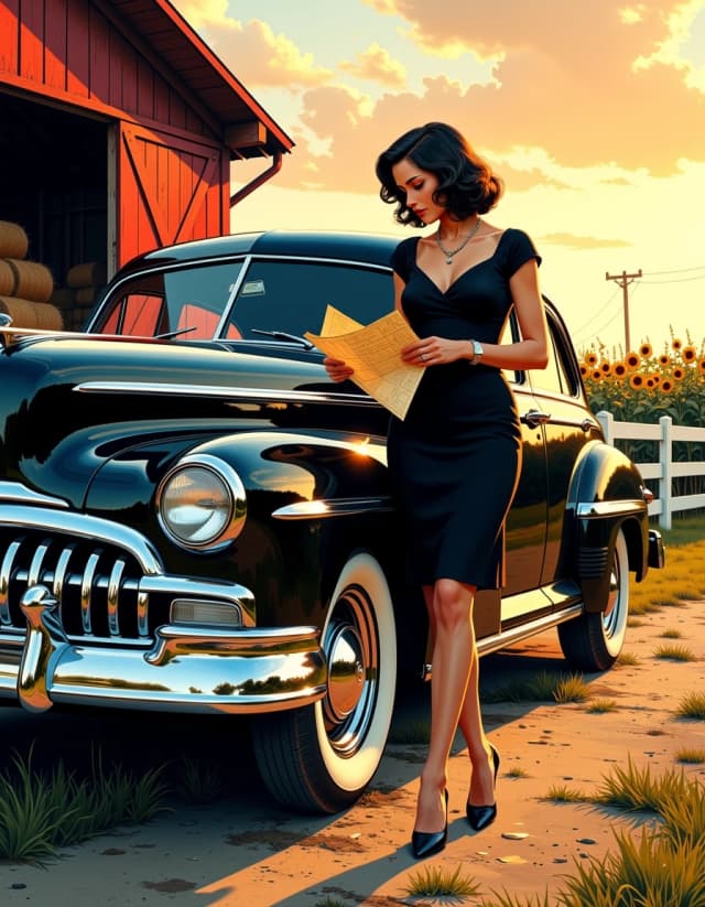 A masterpiece,  in the style of the 1980s, with bold lines, dynamic strokes and rich textures, on background with a touch of nostalgia, perhaps with subtle drawings inspired by cellulose and vintage, worn textures similar to paper, oil painting, cinematic scene of a 1940s black vintage sedan parked on a dirt lane by a red barn and white fence at golden hour, a stylish woman in a fitted knee-length black dress and retro waves leaning on the hood studying a folded paper map; glossy chrome and whitewall tires reflecting warm sunset, sunflowers and a cornfield in the background, hay bales visible in the barn interior, soft rim light on her hair and face, warm skin tones, subtle film grain, high detail on fabric texture, watch and necklace, accurate period styling and makeup, three-quarter view composition, shallow depth of field with sharp focus on the woman and car hood and gentle bokeh in the background, moody nostalgic Americana, rich contrast, cinematic color grading reminiscent of classic film photography, ultra-detailed, high resolution. hdr
