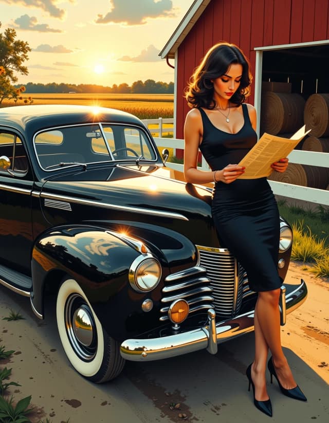 A masterpiece,  in the style of the 1980s, with bold lines, dynamic strokes and rich textures, on background with a touch of nostalgia, perhaps with subtle drawings inspired by cellulose and vintage, worn textures similar to paper, oil painting, cinematic scene of a 1940s black vintage sedan parked on a dirt lane by a red barn and white fence at golden hour, a stylish woman in a fitted knee-length black dress and retro waves leaning on the hood studying a folded paper map; glossy chrome and whitewall tires reflecting warm sunset, sunflowers and a cornfield in the background, hay bales visible in the barn interior, soft rim light on her hair and face, warm skin tones, subtle film grain, high detail on fabric texture, watch and necklace, accurate period styling and makeup, three-quarter view composition, shallow depth of field with sharp focus on the woman and car hood and gentle bokeh in the background, moody nostalgic Americana, rich contrast, cinematic color grading reminiscent of classic film photography, ultra-detailed, high resolution. hdr