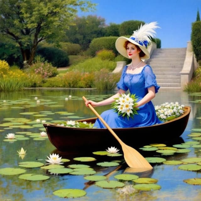 The image is a painting of a woman in a boat on a pond. The woman is wearing a blue dress and a large white hat with a feather on top. She is holding a bouquet of white flowers in her right hand and a paddle in her left hand. The boat is filled with water lilies and there are lily pads floating on the surface of the water. In the background, there is a stone staircase leading down to a garden with trees and bushes. The sky is blue and the overall mood of the painting is peaceful and serene.