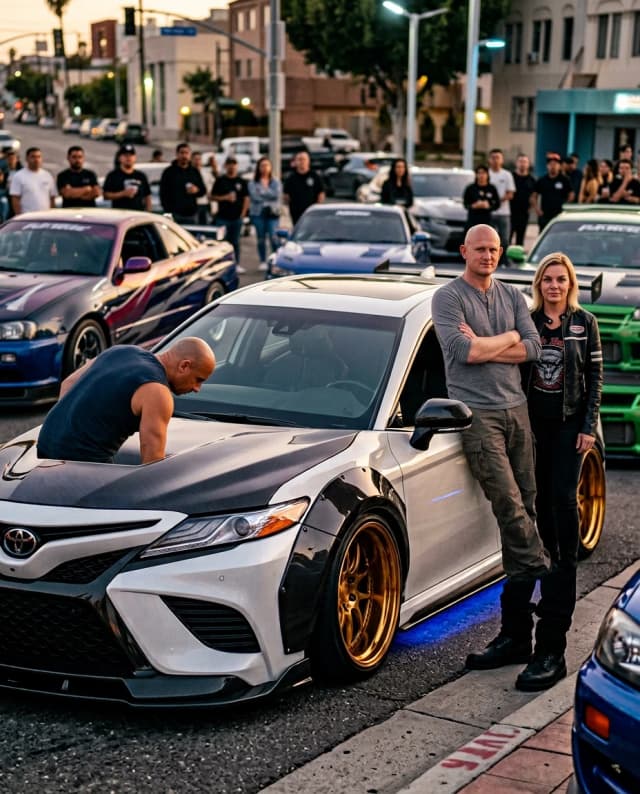 Cinematic hyper-realistic film still, high-octane street racing atmosphere. A man and a woman, dressed in stylish modern streetwear with racing aesthetics, stand confidently next to their heavily customized, wide-body white Toyota Camry. The Camry features aggressive aerodynamic kits, lowered suspension, custom deep-dish rims, and subtle neon underglow. Standing beside them, Vin Diesel as Dominic Toretto, with his signature intense gaze and rugged look, leans in slightly, looking at the car with genuine admiration and a respectful nod. The composition is a medium wide shot, capturing the full scale of the car and the characters in perfect anatomical proportion. Lighting is dramatic late-evening golden hour mixed with urban street lamps, creating realistic reflections on the car's polished white paint and metallic surfaces. Shallow depth of field with a soft bokeh background of a city racing meet. Shot on 35mm lens, Panavision aesthetics, extreme detail on skin textures, fabric weaves, and mechanical car parts. High dynamic range, natural color grading, no distortions, professional movie cinematography style.