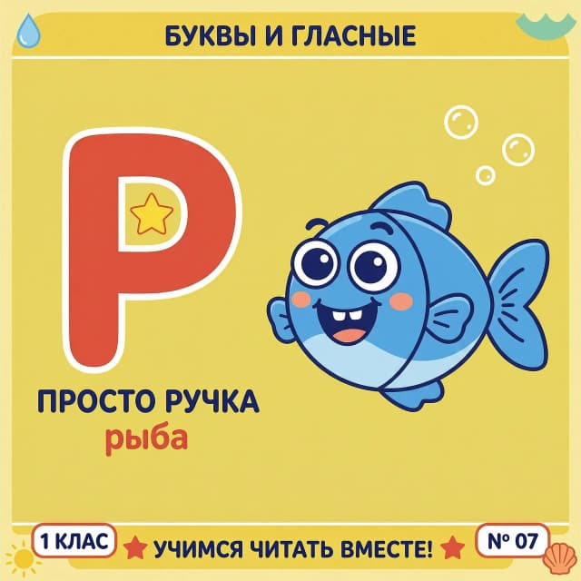 Мультяшная обучающая карточка формата А4 для первоклассников. Слева — крупная заглавная  буква „р“ простым толстым шрифтом без засечек, высота буквы около 15 см. Справа — маленькая мультяшная рыба, стиль яркий и дружелюбный, крупные формы, минимум мелких деталей.  Фон светло‑жёлтый, нейтральный, много „воздуха“. Стиль — детский мультфильм, мягкие контуры, насыщенные, но не кислотные цвета, без теней и сложной штриховки. фон белый