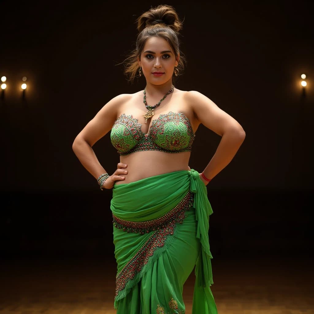 front view chubby belly dancer fifty years woman in green costume brown short ponytail hair stand in hall
