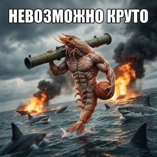 Надпись "невозможно круто" русским языком, мемным шрифтом и мегаперекачанная креветка с очень большой ракетницей на плече и баскетбольный мяч в руке и вокруг нее много акул и огня, она стоит именно на воде на хвосте , все реалиастично и не мультяшное, поэпичней и чтоб мускулы было видно, отдали камеру немного