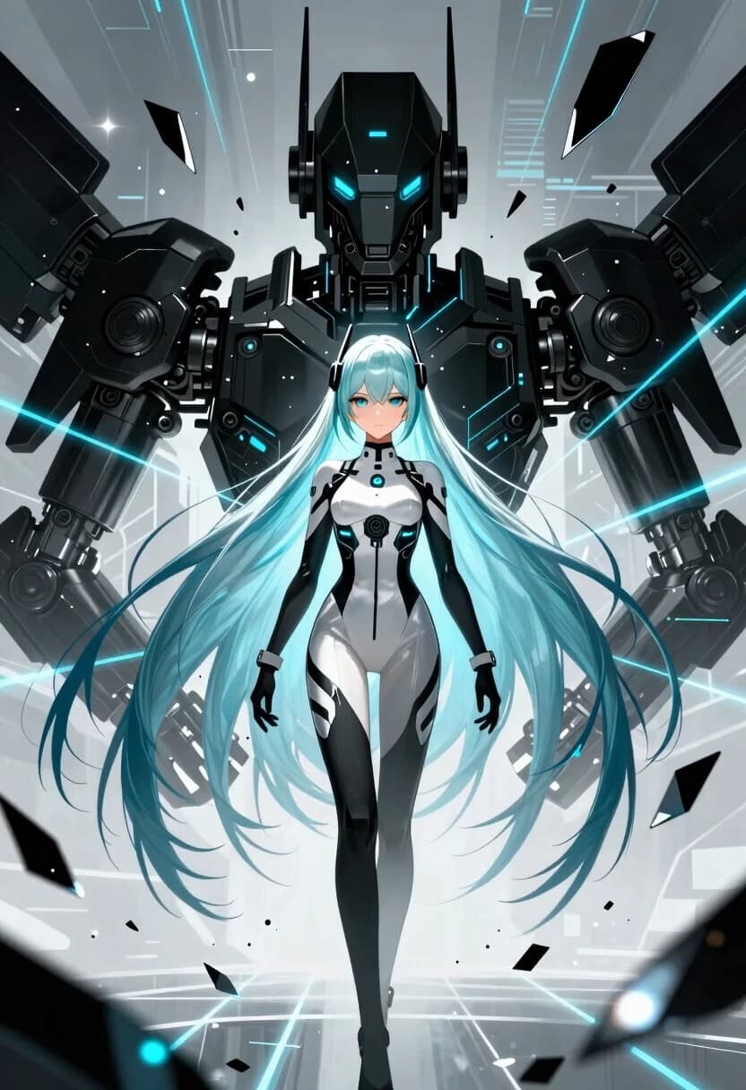 (lacia beatless:1.4), beatless, 1girl, solo, android, long straight hair, loose hair, hair down, long hair flowing, (ice blue hair, light silver-blue hair:1.2), blunt bangs, black hair ornaments on sides of head, (dark blue eyes, indigo eyes:1.2), expressionless, wearing futuristic white and black hIE bodysuit, surrounded by floating huge black mechanical weapon parts Black Monolith, shattered glass shards flying in air, glowing blue cyber lines, laser grids, abstract futuristic background, dynamic debris, cinematic sharp contrast, lens flare, masterpiece, high quality anime, digital art, illustration by redjuice, smartphone wallpaper