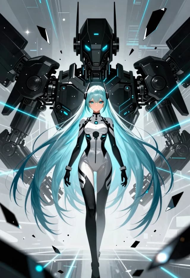 (lacia beatless:1.4), beatless, 1girl, solo, android, long straight hair, loose hair, hair down, long hair flowing, (ice blue hair, light silver-blue hair:1.2), blunt bangs, black hair ornaments on sides of head, (dark blue eyes, indigo eyes:1.2), expressionless, wearing futuristic white and black hIE bodysuit, surrounded by floating huge black mechanical weapon parts Black Monolith, shattered glass shards flying in air, glowing blue cyber lines, laser grids, abstract futuristic background, dynamic debris, cinematic sharp contrast, lens flare, masterpiece, high quality anime, digital art, illustration by redjuice, smartphone wallpaper