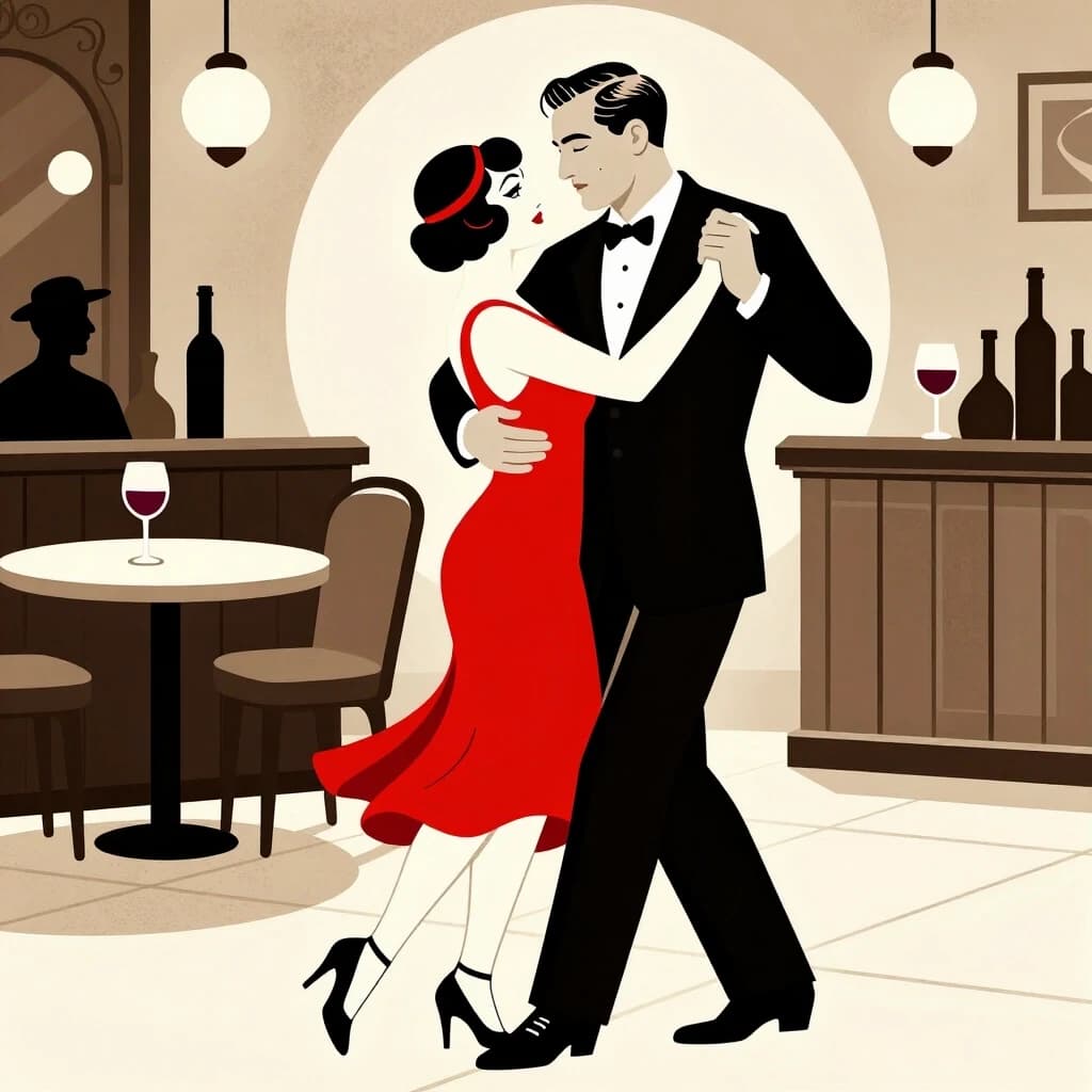 vintage jazz club illustration, 1920s style, couple dancing,  red wine. woman in red dress,  седой man in suit, sepia tones, detailed line art
