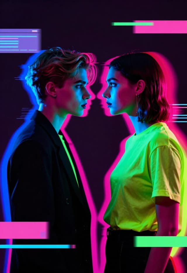 High-fashion cinematic shot of two attractive young people facing each other in a dating show, foreheads almost touching. Use "Neon Glitch-Vogue Style": an avant-garde composition with digital distortion and RGB shift effects. Their silhouettes are splitting into vibrant neon layers of electric blue, hot pink, and acid green. Sharp, high-contrast studio lighting with deep shadows. The background is a minimalist dark void with floating holographic interface fragments. Dynamic "glitch" slices cutting through the image, creating a sense of digital instability. Ultra-modern styling, vogue poses, sharp focus on expressive eyes, 8k, hyper-stylized, edgy urban aesthetic.