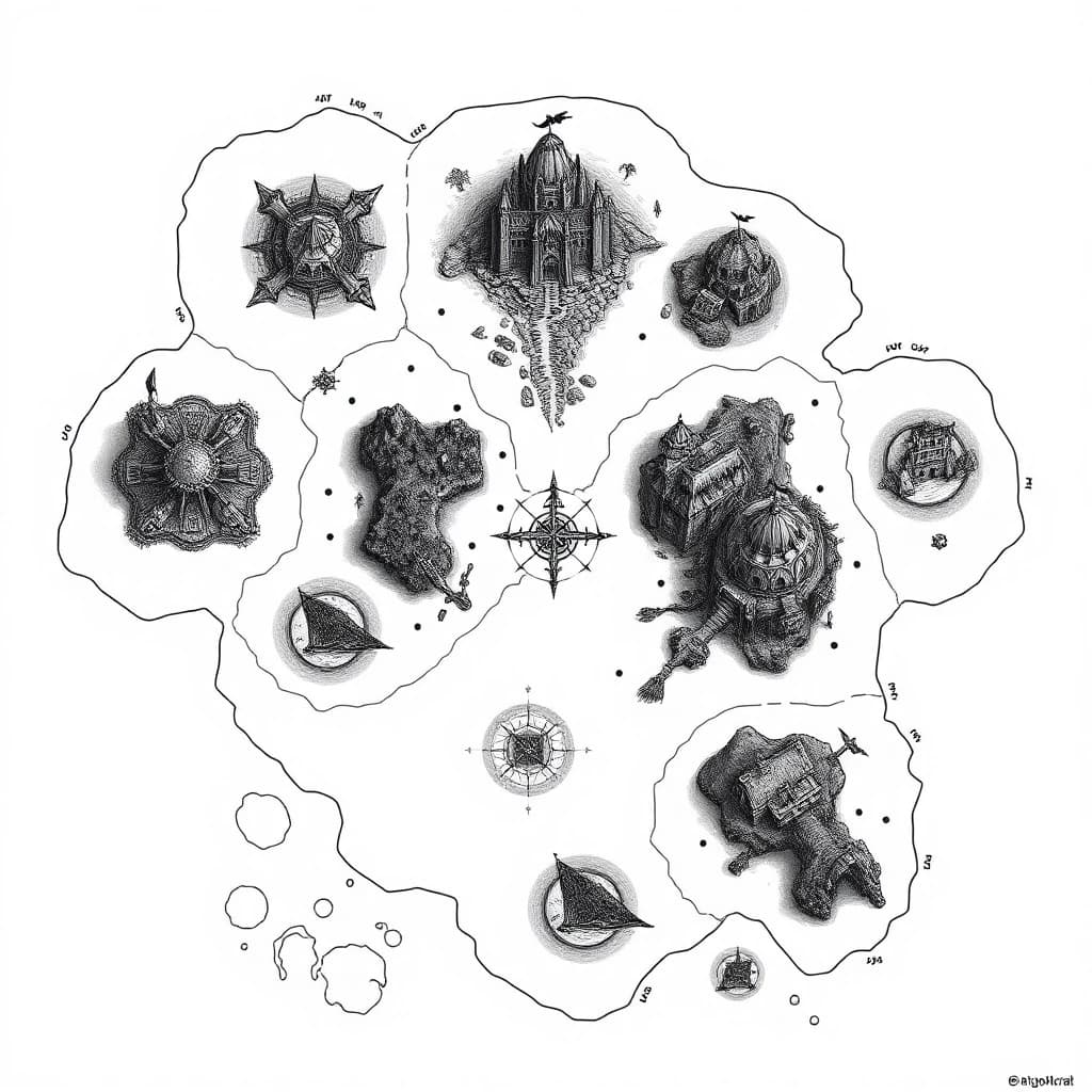 2D top-down authentic gritty dark fantasy nautical map, high-detail medieval woodcut style, inspired by Tainted Grail: Fall of Avalon. Pure white background with sharp, ultra-thin black outlines, strictly no frame, no borders, no fills, no gradients, clean line art. The sea area is rendered with realism, using fine vintage wave etching:1, and warning emblem markings:5. Sharp, realistic coastlines feature minimal, clean traditional dark fantasy cartography outline hatching to ensure clarity. The map depicts an archipelago of 5 large distinct climate islands with light, sparse interior shading to make key locations stand out clearly, and 10 small random islets, rendered as bold, detailed hand-drawn topography symbols. Features a prominent nautical passage formed by two small close twin islands, each topped with a highly visible watchtower, acting as a maritime gateway. The volcanic wasteland island contains Volcanoes:1, Ruined Castles:2, Ancient Altars:3, Caves:4, Rivers:3. The corrupted swamp island contains Burnt Forests:5, Swamps:4, Wooden Bridges:3, Worn Huts:2, Sunken Ruins:3. The frozen tundra island contains Glacial Rivers:2, Ice Caves:3, Stone Obelisks:4, Frozen Fortresses:1. The overgrown ancient jungle island contains Dense Forests:6, Overgrown Temples:2, Rope Bridges:4, Ritual Altars:3, Hidden Caverns:5. The central shattered citadel island contains Megalithic Castle Ruins:1, Abandoned Cathedrals:2, Broken Stone Bridges:5, Crypts:4. The small scattered islets feature Lone Watchtowers:3, Shipwrecks:4, Treasure Caches:5. The surrounding ocean includes menacing Sea Monsters:4 thin outlines. Every object, terrain line, and topographic feature is rendered exclusively as a hollow, high-contrast gritty medieval engraving line with high visibility for points of interest. Strictly zero solid black blocks, strictly zero text words, highly detailed masterwork.