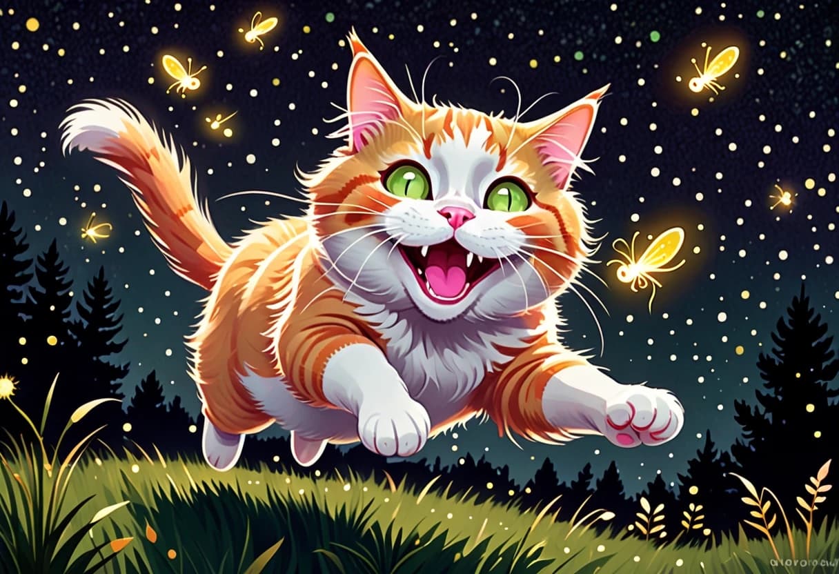 a cute fluffy orange and white cat with big round sparkling eyes, pink nose, rosy cheeks and a joyful open-mouthed smile, leaping playfully through the air with paws outstretched to catch glowing yellow-green fireflies. Deep dark night sky in rich indigo and deep purple tones with soft white stars and small sparkles. Dark green grassy ground with muted dark green and blue bushes and a small tree on the left. Fireflies are simple