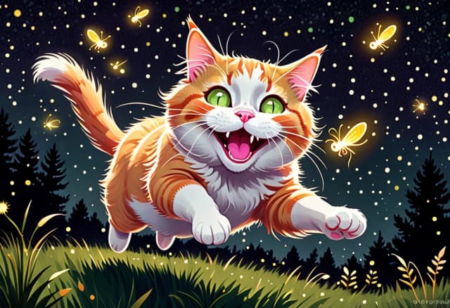 a cute fluffy orange and white cat with big round sparkling eyes, pink nose, rosy cheeks and a joyful open-mouthed smile, leaping playfully through the air with paws outstretched to catch glowing yellow-green fireflies. Deep dark night sky in rich indigo and deep purple tones with soft white stars and small sparkles. Dark green grassy ground with muted dark green and blue bushes and a small tree on the left. Fireflies are simple