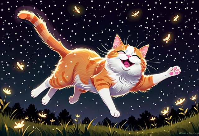 a cute fluffy orange and white cat with big round sparkling eyes, pink nose, rosy cheeks and a joyful open-mouthed smile, leaping playfully through the air with paws outstretched to catch glowing yellow-green fireflies. Deep dark night sky in rich indigo and deep purple tones with soft white stars and small sparkles. Dark green grassy ground with muted dark green and blue bushes and a small tree on the left. Fireflies are simple
