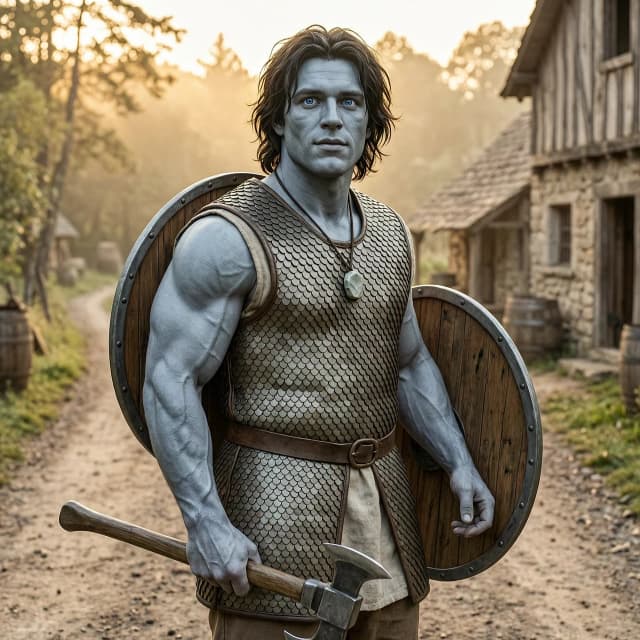 Fantasy character art, portrait of a young male half-goliath half-human fighter, around 25 years old. He has a massive, muscular build and broad shoulders, but his face is still youthful and not heavily weathered. His skin is smooth stone-grey. He has a rough but open face with a strong jaw, no deep wrinkles or heavy scars. His hair is dark, messy, shoulder-length, falling over his forehead. He has bright, clear blue eyes that look curious and determined. He wears practical, slightly worn scale mail armor over a simple linen tunic. He carries a round wooden shield with metal reinforcement on his back or side. In his hand, he holds a one-handed, single-edged battle axe. Around his neck is a simple stone amulet. He looks like a strong village lad who has just started adventuring — sturdy but not yet hardened. The background is a sunny village edge or a forest road at dawn. Realistic style, detailed textures, warm cinematic lighting, hopeful atmosphere. --ar 3:4