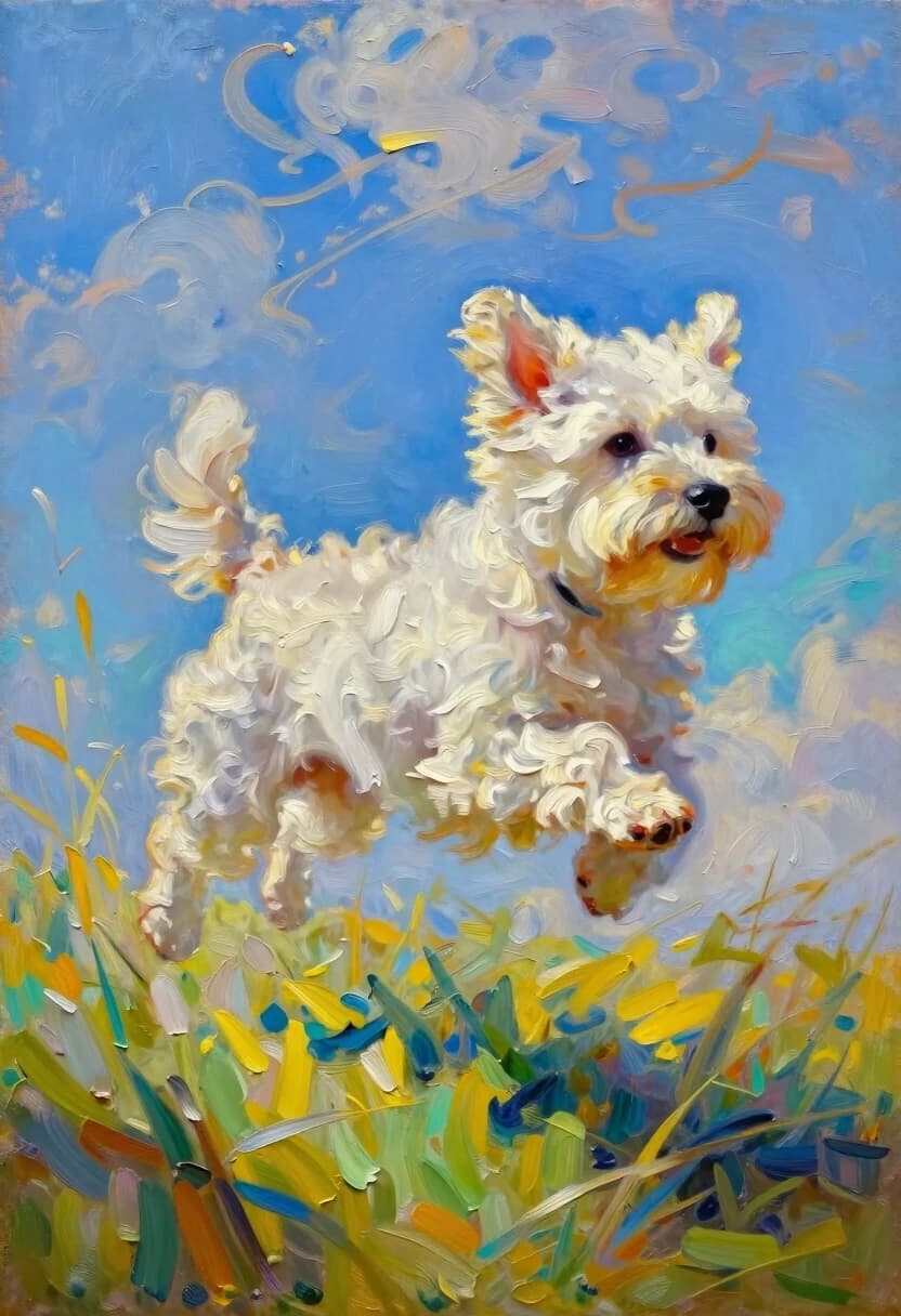 An impressionistic oil painting of a small fluffy white dog mid-leap, captured with energetic, swirling brushstrokes. The dog’s fur is rendered in soft, textured whites and creams, conveying a sense of lightness and motion. The background is a vibrant blend of cool blues and aquamarines in the sky, with wispy, almost ethereal clouds painted in loose, feathery strokes. The foreground features a lively mix of yellow-green and chartreuse grasses, painted with thick, expressive impasto that creates a tactile sense of depth and movement. The overall composition is dynamic and joyful, emphasizing the playful spirit of the dog as it bounds through a sunlit meadow. The painting style is reminiscent of impressionist masters, with visible brushwork and a harmonious balance between color vibrancy and softness. 8k resolution, photorealistic oil painting style.