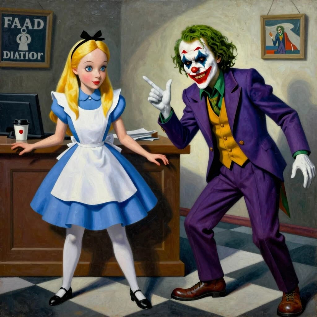 Алиса из страны чудес и Джокер грабят банк.картина  в стиле  J Scott Campbell