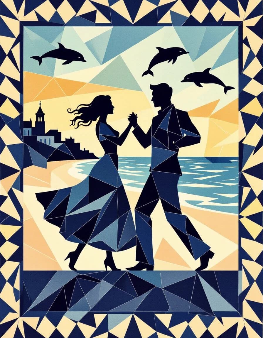 Polygonal pattern on canvas, scroll, angular bold lines, stencil watercolor, silhouettes of a woman and a man dancing in a Spanish seaside town on a high embankment by the sea, dolphins in the sea in the background