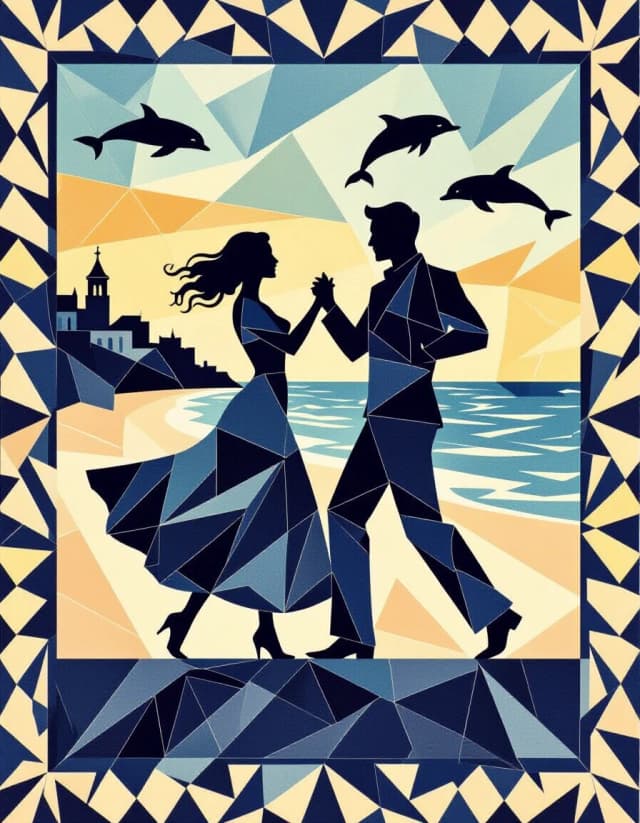 Polygonal pattern on canvas, scroll, angular bold lines, stencil watercolor, silhouettes of a woman and a man dancing in a Spanish seaside town on a high embankment by the sea, dolphins in the sea in the background