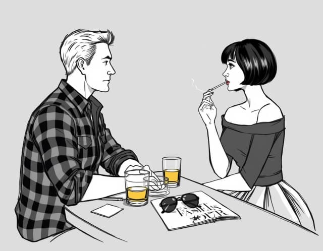 A gray background, a sketchy outline with thin, transparent lines. A very handsome 30-year-old Slavic man, wearing a plaid shirt with rolled-up sleeves, sits at a table in the bar, seen from the side. On the table are a newspaper, a glass of whiskey, and an ashtray with a cigarette. Across from him sits a very beautiful young woman, resembling 23-year-old Megan Fox, with dark hair cut into a bob with bangs, wearing a very fashionable short, full skirt and a black, off-the-shoulder, three-quarter-length sleeve top. She's smoking a thin cigarette. On the table in front of her lies a fashion magazine, topped with a pair of stylish sunglasses. The man and woman look at each other. Vicente Romero Redondo, Lee Bogle, Konstantin Razumov, Harrison Fisher.