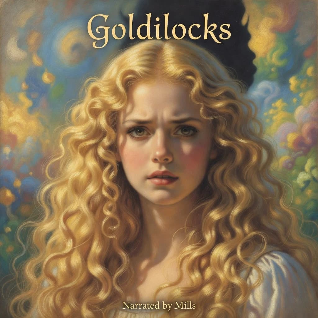 A real masterpiece. How artificial intelligence would depict: (Aesthetics: Impressionism. The image is made in the pastel technique."Goldilocks" is a famous Czech folk tale. Goldilocks: A beautiful golden-haired princess with long, golden, curly hair, whom the evil king wants to marry). Intense close-up. High resolution. High quality. Increased attention to small details. Hyperrealistic style of surrealism, impressionism, fabulous book graphics. Increased attention to the smallest details and texture of book graphics. The author is Narrated by Mills