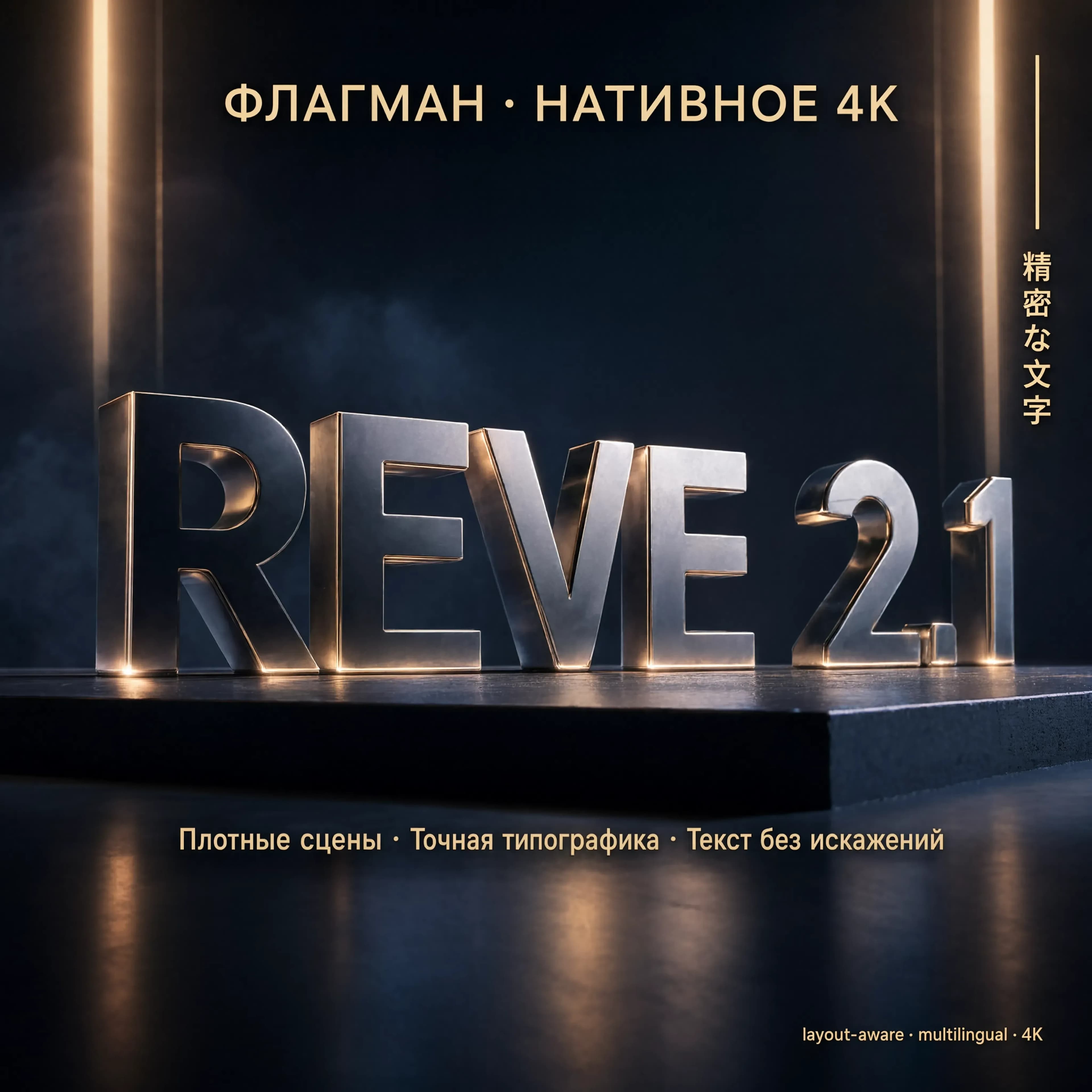 Кинематографичный студийный key-visual премиального дизайн-класса, нативное 4K, максимальная детализация, постерная эстетика luxury-бренда. В центре композиции — крупная объёмная 3D-надпись «REVE 2.1»: гигантские буквы отлиты из полированного чёрного стекла с хромированными фасками, мягкими бликами и тонкой гравировкой, стоят как физический hero-объект на матовом бетонном подиуме. Кинематографичный контровой свет, тёплые и холодные рефлексы, лёгкий объёмный туман, выразительная глубина резкости.

Типографика — безупречно чёткая, ровный кернинг, острые края букв:
— крупный заголовок сверху по центру: «ФЛАГМАН · НАТИВНОЕ 4K»;
— под hero-надписью подзаголовок: «Плотные сцены · Точная типографика · Текст без искажений»;
— в правом нижнем углу мелкая строка спецификации: «layout-aware · multilingual · 4K»;
— сбоку тонкая вертикальная строка иероглифов «精密な文字» — демонстрация многоязычного рендера.

Богатая многослойная композиция по дизайнерской модульной сетке, идеально ровные линии, чистые широкие поля, премиум-палитра: глубокий индиго, графит, тёплое золото. Вертикальный формат 4:5.