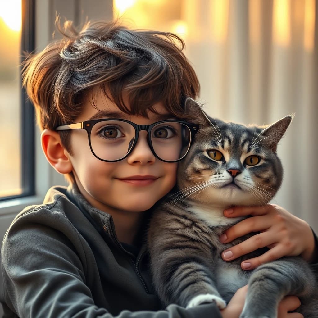 Hyper-realistic cinematic portrait of a 10-year-old boy with expressive brown eyes and messy brown hair, wearing stylish modern glasses, sitting closely with a fluffy grey cat. The cat has distinctive white patches on its belly and face. The boy is gently holding the cat, showing a tender bond. Soft, warm golden hour sunlight filters through a nearby window, creating a cozy atmosphere with beautiful bokeh in the background. Intricate details: visible hair texture, reflections in the glasses, fine fur details on the cat, and soft fabric textures of the boy's clothing. Shallow depth of field, shot on 85mm lens, highly detailed, emotional and heartwarming mood, 8k resolution, masterpiece, soft natural lighting.