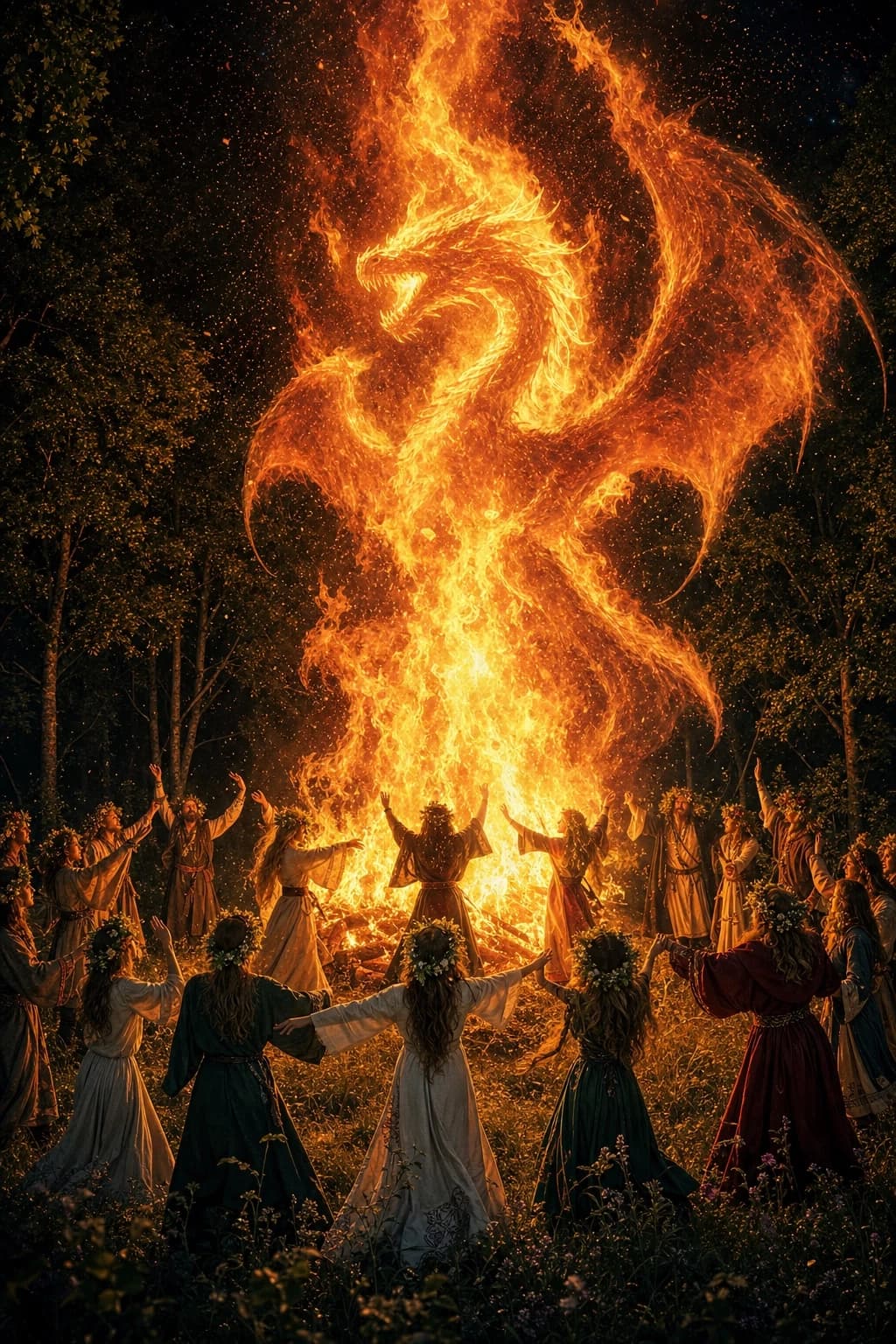 Imagine a sacred fire festival. There is a huge bonfire in a forest clearing. The flames shoot higher than the trees. Women and men in druidic robes and wreaths of flowers on their heads are dancing around a campfire. In the style of a double exposure, the silhouette of a fiery dragon can be seen through the flames of the campfire inside. The atmosphere of celebration and admiration, connection with the spirits of nature. High detail, 8K.