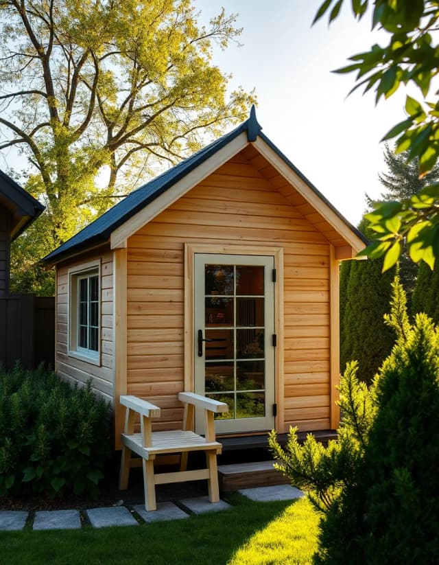 Vertical low-angle shot of a micro-size one-story barnhouse style sauna structure. Small footprint, steep dark metal gabled roof, side walls made of natural pine planks. Front wall is fully glazed with a glass door. Surrounded by a cozy backyard with green bushes, bright afternoon sunlight, photorealistic wood and glass textures.