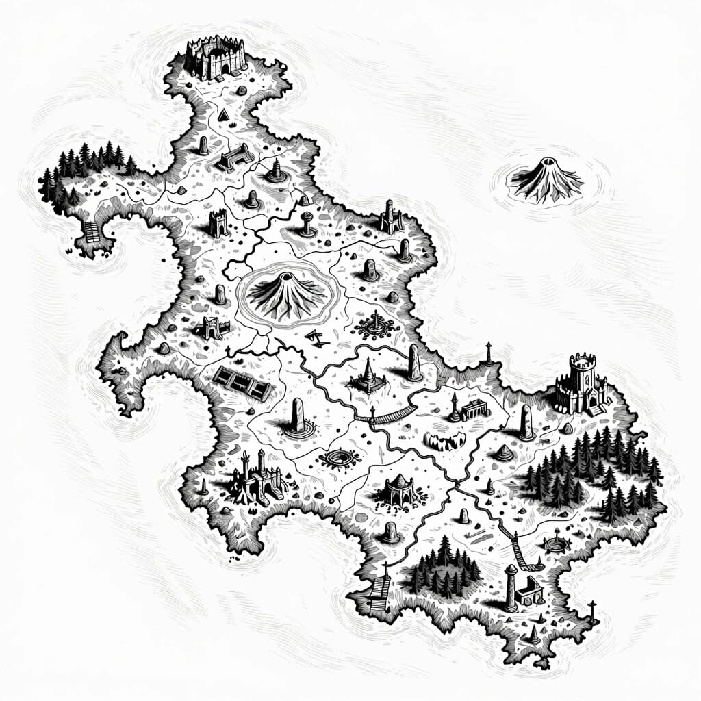 2D top-down authentic gritty dark fantasy large-scale strategic nautical map, high-detail medieval woodcut style, inspired by Tainted Grail: Fall of Avalon. Pure white background with sharp, ultra-thin black outlines, strictly borderless clean line art. The surrounding sea area is completely empty, plain, and vacant white space with fine vintage wave etching. Sharp, realistic coastlines feature minimal, clean traditional dark fantasy cartography outline hatching to ensure clarity. The map depicts one single massive continent island, rendered as a detailed hand-drawn topography layout where numerous tiny points of interest are randomly scattered across its diverse territories, leaving plenty of empty space between them. The island features multiple randomly scattered landmarks divided by distinct biomes including a lone volcano, a single frozen fortress, one megalithic castle ruin, a few ruined castles, sunken ruins, glacial rivers, overgrown temples, abandoned cathedrals, several ancient altars, swamps, ice caves, ice canyons, cursed monoliths, dark caves, burnt forests, wooden bridges, stone obelisks, rope bridges, ritual altars, lone watchtowers, deserted villages, plagued dungeons, and execution grounds. Every object, terrain line, and topographic feature is rendered exclusively as a hollow, high-contrast gritty medieval engraving line. Highly detailed masterwork.