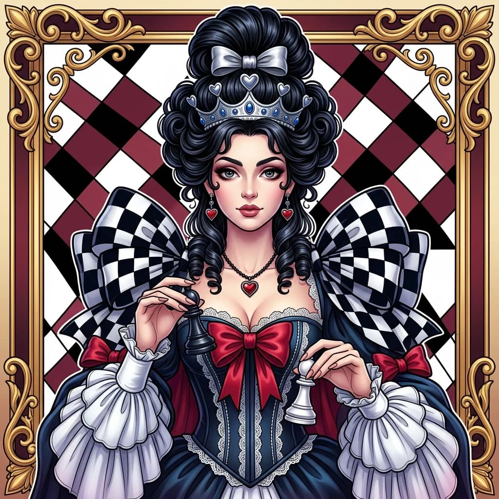 The picture shows a stylized illustration of a character resembling the Queen of Chess from Alice through the Looking Glass. This is fantasy art with vivid and expressive features.
Description of the image: Dress: inspired by the Baroque or Rococo era. The corset is blue-black with white lace around the edges and a large red ribbon in front. Wide sleeves with white cuffs and puffy ruffles. On the shoulders are massive bow capes with a black and white checkerboard pattern (symbol 
 Headdress: Silver crown with blue stones, decorated with prongs in the shape of hearts.
Hairstyle: Lush black hair with curls gathered in a high bun with a silver bow on top. Shoulder-length strands of hair hang down the sides.
Jewelry: Black necklace with red heart pendant; earrings in the form of red hearts.
 Hands: The character holds two pawns:black and white. 
Background:The picture is designed like a chessboard. It is enclosed in a golden frame with curlicues at the corners. Inside the frame is a background in the form of a diamond—shaped grid of white, black and burgundy cells, which emphasizes the chess theme. This image combines the aesthetics of the Fantasy and the Victorian era, creating a vivid and memorable image of the queen. (Style):fantasy art, rococo, Gothic, Baroque, art design, romance, close-up, high quality, gradient, grace, Interior light, 4k, intricate details.