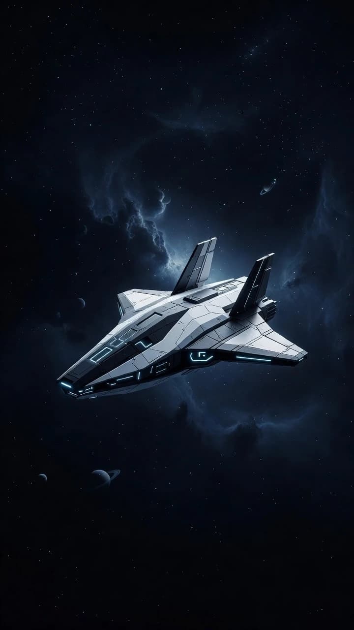 Isometric ¾ view of a compact, highly detailed sci-fi tactical gunship with segmented vertical stabilizers. Sharp angular geometry, matte dark grey and white armor plating. Minimal, discrete cyan geometric glow strips located only on panel edges of the wings and hull. No engine exhaust, no ion plumes or thruster trails. Set against an atmospheric deep space backdrop: rich dark blue nebula, soft volumetric light, distant planets with rings, and scattered stars. The ship appears small in the frame, floating elegantly in a vast cosmic environment. Cinematic, high contrast, photorealistic textures, 8k.