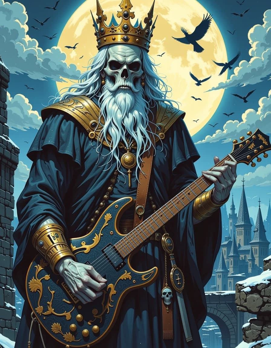 A masterpiece,  in the style of the 1980s, with bold lines, dynamic strokes and rich textures, on background with a touch of nostalgia, perhaps with subtle drawings inspired by cellulose and vintage, worn textures similar to paper,oil painting, Epic gothic heavy metal album cover featuring a towering skeletal "Skull King" monarch wearing a tarnished gold crown and tattered black velvet robes, long ghostly white hair streaming in a cold wind, gripping an ornate black electric guitar carved with skulls and filigree; he stands on crumbling castle battlements under a huge luminous full moon, jagged spires and ruined citadel silhouettes in the background, swirling storm clouds, bats and ravens in flight and drifting mist hugging the stone, cinematic blue-black color palette with high-contrast moody lighting, cool moonlight highlights and warm rim light on crown and guitar giving dramatic depth, hyper-detailed textures on bone, metal and fabric, intricate emblem of a winged crowned skull , grungy poster wear, heavy vignette, ultra-detailed digital painting, dramatic composition, epic atmosphere, 4k resolution, portrait orientation cropped to a wide thumbnail-friendly aspect ratio.