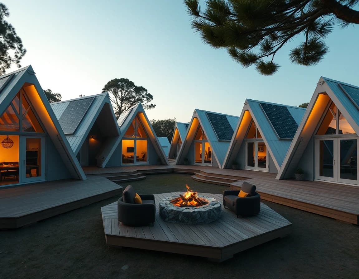 Horizontal shot of a boutique glamping resort business. A cluster of stylish triangular A-frame frame cottages built on premium wooden decks. Clean solar panels integrated into the side sloping roofs of each cabin. Cozy outdoor fire pit area between the houses. Soft cinematic evening light, upscale vacation vibe, hyper-realistic architectural presentation.