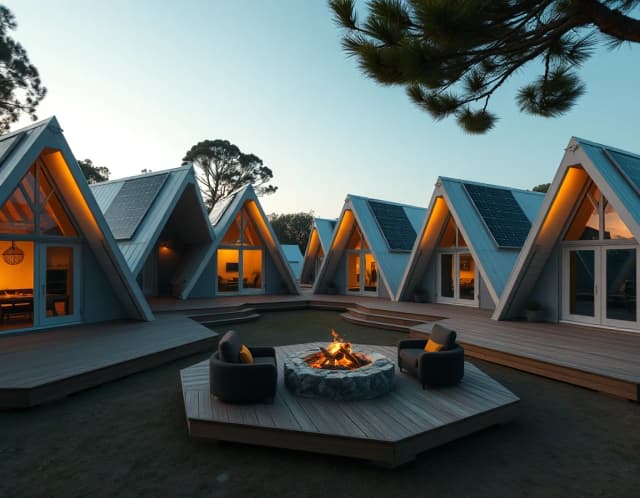 Horizontal shot of a boutique glamping resort business. A cluster of stylish triangular A-frame frame cottages built on premium wooden decks. Clean solar panels integrated into the side sloping roofs of each cabin. Cozy outdoor fire pit area between the houses. Soft cinematic evening light, upscale vacation vibe, hyper-realistic architectural presentation.