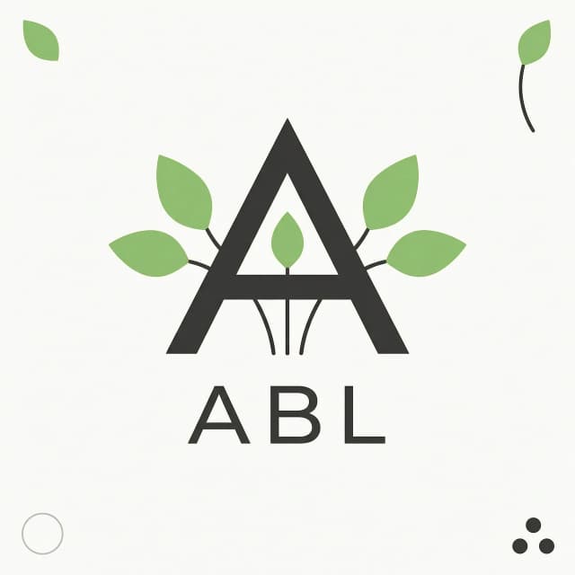 “Design a minimalist logo for the brand ABL. The letter A is stylized as a growing plant: thin stem lines emerge from the base of the letter and end in small leaf shapes. Use a flat design style, no gradients or shadows. Color palette: dark gray for the letter, light green for the leaves. White background. Highly scalable, clean vector look.”