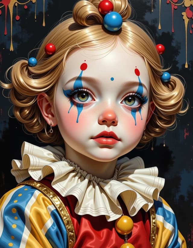 A masterpiece,  in the style of the 1980s, with bold lines, dynamic strokes and rich textures, on background with a touch of nostalgia, perhaps with subtle drawings inspired by cellulose and vintage, worn textures similar to paper, oil painting, hyper detailed Rococo oil painting portrait adorable cute baby girl clown
of French circus, chibi kawaii, clown makeup, clown face, ruffled clown
collar, clown costume, perfect face, detailed eyes, by Margaret Keane,
Norman Rockwell, John Singer Sargent, Peter Paul Rubens, John William Waterhouse, vintage Disney, pixar