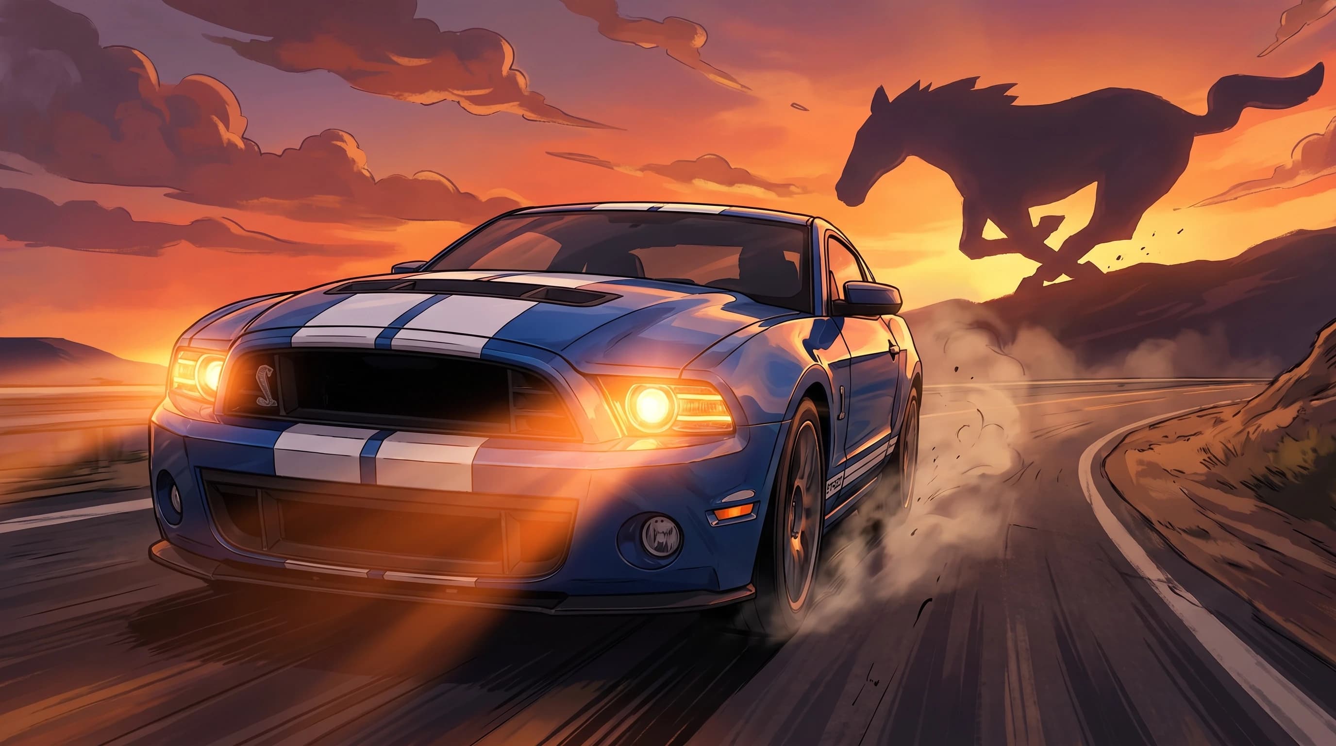 Ford Mustang Shelby GT500 2013 года, едет по дороге, эпичный ракурс, горящие фары, на фоне силуэта лошади, шедевр, крупный план, стиль аниме с реалистичными деталями