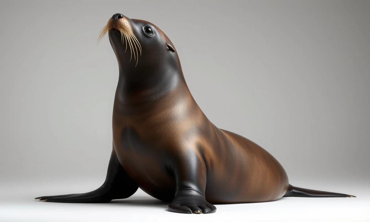 Мне нужно воссоздать японского морского льва (на латинском Zalophus japonicus). Этот японский морской лев, обитавший в Японском море, вымер к 1950-м годам из-за охоты на него и загрязнения окружающей среды.Японские морские львы были крупными животными, но, как и у многих ластоногих, самцы были значительно крупнее самок.
Самцы: Длина тела достигала примерно 2,5–3 метров, вес мог превышать 500 кг.
Самки: Были меньше, около 1,5–2 метров в длину и весом до 300 кг.
Имели типичное для ушастых тюленей обтекаемое мускулистое тело, хорошо приспособленное для плавания. Голова относительно крупная, с хорошо выраженной шеей.
Морда: Удлинённая, слегка сужающаяся к носу.
Ноздри: Расположены на конце морды, овальной формы.
Губы: Толстые, мясистые, с чувствительными вибриссами (усами).
Вибриссы (усы): Очень длинные, густые, беловатые или светло-серые.
Глаза: Крупные, тёмные, расположены по бокам головы. 
Ушные раковины: Ярко выраженные маленькие наружные ушные раковины (отличительная черта ушастых тюленей), которые они могли загибать внутрь при погружении.
Череп: Отличался от черепа калифорнийского морского льва, имел свои специфические черты, которые использовались систематиками для его идентификации (например, форма черепа, зубы).
Основной цвет: Шерсть была преимущественно темно-коричневого или серовато-коричневого цвета. 
Изобразить  как плавает тюлень в воде