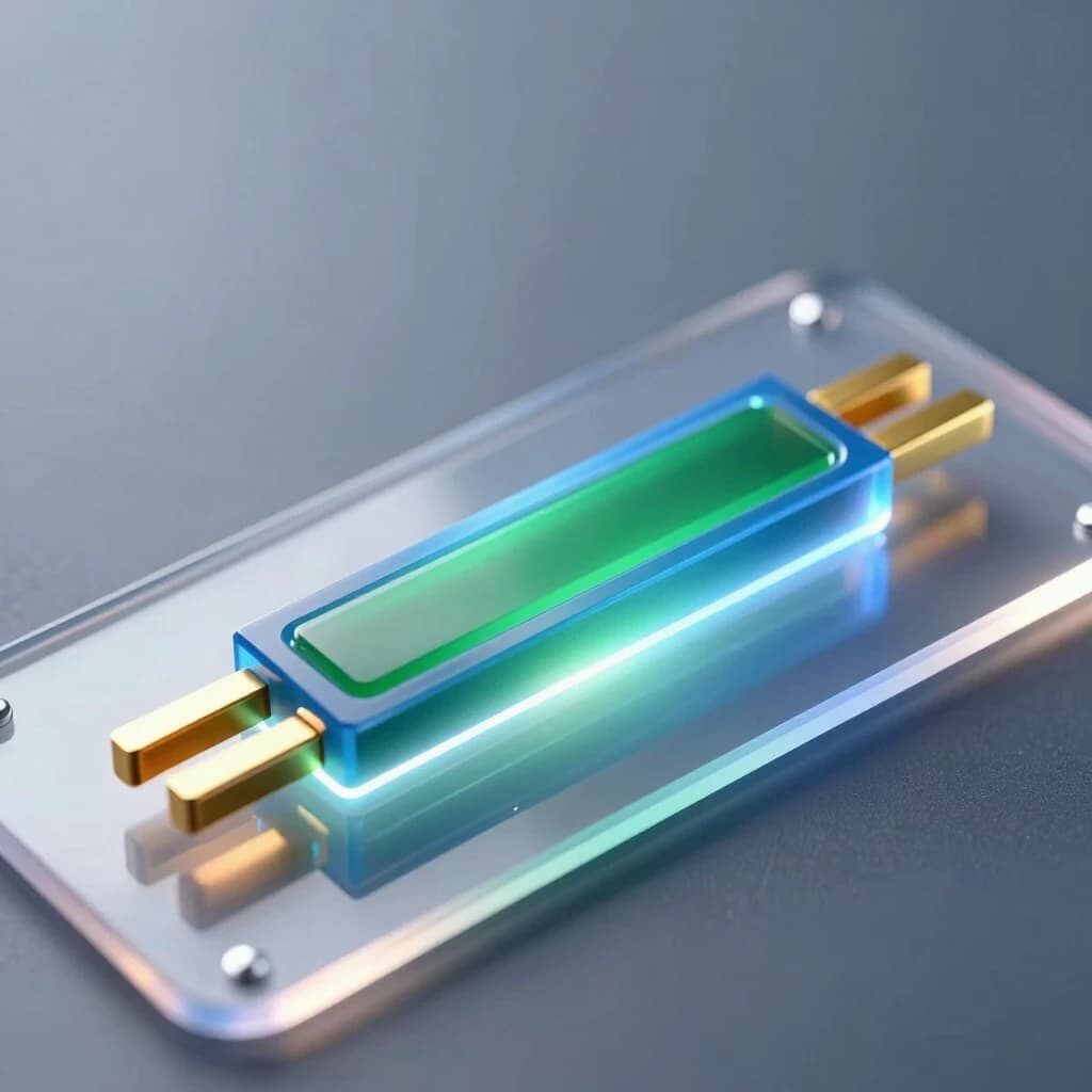 A hyper‑realistic scientific 3D illustration of a single organic field‑effect transistor with a bottom gate and top contacts of the following structure (thin layers from bottom to top): a flexible transparent PET substrate, a continuous aluminum gate, a thin translucent blue layer of aluminum oxide dielectric, a thin green single‑crystal organic semiconductor, two gold contacts for the source (on the left) and the drain (on the right), with a distance between them that is 10 times greater than the thickness of the semiconductor layer. The device emits a slight internal glow, indicating the flow of current through the channel. Macro photography, extreme close‑up, shallow depth of field with focus on the active layers. Cold, directional studio lighting from above combined with soft backlighting from below through a substrate to accentuate the gate‑dielectric interface. Reflections with ray tracing, caustics, and electric field aura effects around the contacts. A clean, high‑tech atmosphere, a sterile environment, no contact pads. 8K resolution, complex microscopic details, photorealistic textures.