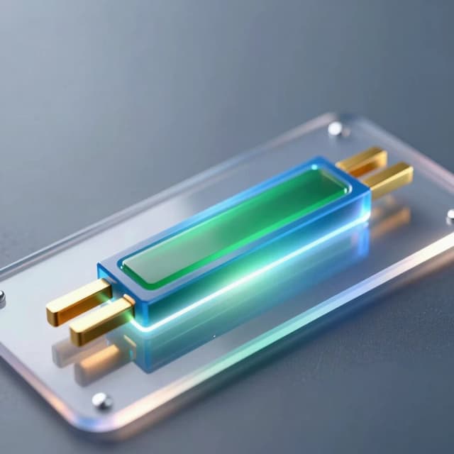 A hyper‑realistic scientific 3D illustration of a single organic field‑effect transistor with a bottom gate and top contacts of the following structure (thin layers from bottom to top): a flexible transparent PET substrate, a continuous aluminum gate, a thin translucent blue layer of aluminum oxide dielectric, a thin green single‑crystal organic semiconductor, two gold contacts for the source (on the left) and the drain (on the right), with a distance between them that is 10 times greater than the thickness of the semiconductor layer. The device emits a slight internal glow, indicating the flow of current through the channel. Macro photography, extreme close‑up, shallow depth of field with focus on the active layers. Cold, directional studio lighting from above combined with soft backlighting from below through a substrate to accentuate the gate‑dielectric interface. Reflections with ray tracing, caustics, and electric field aura effects around the contacts. A clean, high‑tech atmosphere, a sterile environment, no contact pads. 8K resolution, complex microscopic details, photorealistic textures.