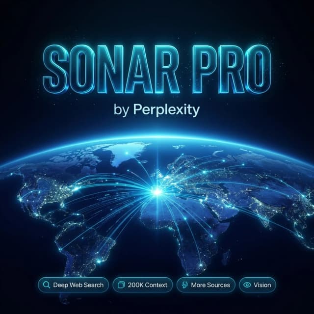 Premium cover poster, square composition, bold glowing modern 3D typography text "SONAR PRO" centered near the top, crisp and perfectly legible. Small clean tag "by Perplexity" directly below the title. Below it: a luminous night Earth seen from orbit, glowing data streams and search beams converging from cities into a bright core, deep blue and cyan palette, cinematic depth. Near the bottom a clean row of small glowing rounded feature badges with short legible labels: "Deep Web Search", "200K Context", "More Sources", "Vision". High detail, clean design, flagship poster quality, no extra labels, perfectly legible text. Full-bleed edge-to-edge artwork filling the entire frame: no border, no frame, no passe-partout, no mockup, no background around the poster
