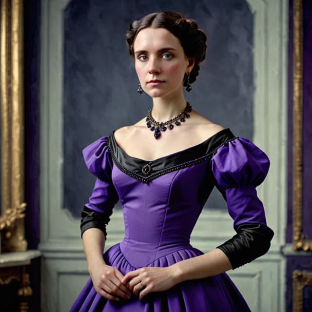 A beautiful woman in a blue-violet dress with black trim, in the fashion of 1861, with augite jewelry. She is positioned some distance from the camera, not looking at it. The background is clear, without blur. Style: fashion shoot