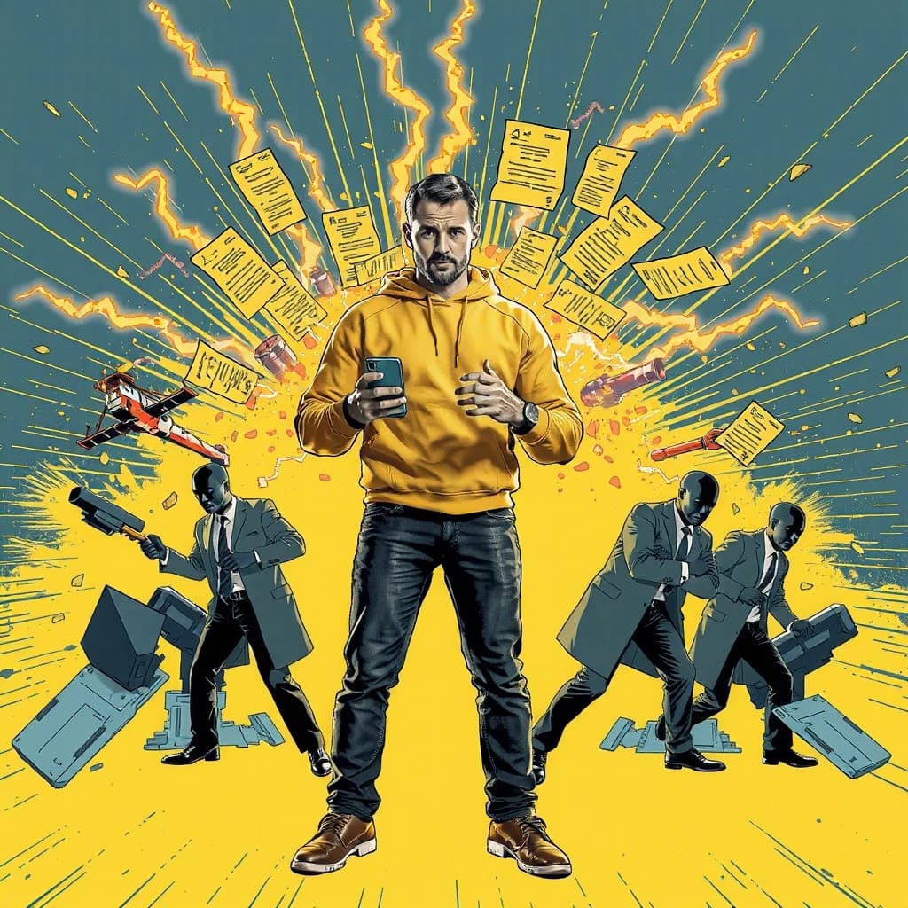 Dynamic comic book style, central hero stands holding a smartphone, bright lightning bolts shaped as legal documents, lawsuits, complaints and claims shooting out of the phone, smashing dark shadowy figures of bureaucrats, yellow and blue color palette, high contrast, sharp lines, modern vector comic art, cinematic angle, 8k, action-packed atmosphere --ar 16:9