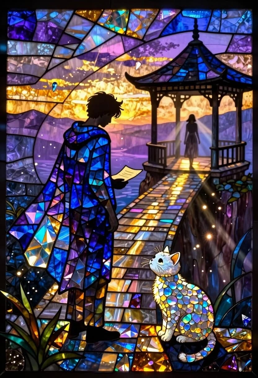 Surreal luminous stained glass mosaic, every element composed of countless tiny iridescent crystal shards and colored glass tesserae. The scene depicts a cliffside at dusk: a narrow stone bridge leads to a small open pavilion. In the middle ground, a young man stands with his back to the viewer, holding a rolled letter; his posture is heavy with regret. On the far side of the bridge, a young woman is walking away, her silhouette fading into the twilight.

The entire composition is rendered as a glowing stained glass mural: the man’s cloak and the woman’s dress are formed from deep blue and violet glass shards with diamond-like highlights; the stone bridge and pillars are made of translucent amber and grey tesserae; the evening sky is a layered mosaic of purples, pinks, and golds.

In the foreground, a tiny fluffy white kitten is sitting on a low stone ledge, looking up at the man with a sad, expectant expression. The kitten’s fur is depicted as a mosaic of tiny opalescent glass fragments that catch and refract the fading light, creating a soft inner glow.

Volumetric beams of soft light pierce through the gaps between the glass elements, emphasizing the crystalline texture. Prismatic light reflections dance across the surfaces, giving the scene an ethereal, fragile quality. Floating glass motes and tiny glowing particles drift in the air, following the currents of the wind.

Color palette: deep cosmic purples and blues contrasted with warm golds and ambers; iridescent highlights on every shard. Mood: quiet sorrow, unspoken words, the weight of distance.

Technical: luminous stained glass mosaic style, iridescent crystal shards, prismatic light reflections, ethereal glow, intricate glass tesserae, volumetric soft lighting, hard silhouette edges for the figures, fast light falloff so the distance fades into deep shadow, glowing floating particles with bloom effect, subsurface scattering on translucent glass fragments, heavy atmospheric haze to separate the planes and enhance depth.
