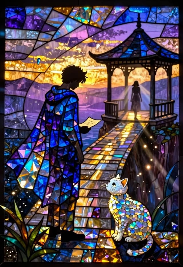 Surreal luminous stained glass mosaic, every element composed of countless tiny iridescent crystal shards and colored glass tesserae. The scene depicts a cliffside at dusk: a narrow stone bridge leads to a small open pavilion. In the middle ground, a young man stands with his back to the viewer, holding a rolled letter; his posture is heavy with regret. On the far side of the bridge, a young woman is walking away, her silhouette fading into the twilight.

The entire composition is rendered as a glowing stained glass mural: the man’s cloak and the woman’s dress are formed from deep blue and violet glass shards with diamond-like highlights; the stone bridge and pillars are made of translucent amber and grey tesserae; the evening sky is a layered mosaic of purples, pinks, and golds.

In the foreground, a tiny fluffy white kitten is sitting on a low stone ledge, looking up at the man with a sad, expectant expression. The kitten’s fur is depicted as a mosaic of tiny opalescent glass fragments that catch and refract the fading light, creating a soft inner glow.

Volumetric beams of soft light pierce through the gaps between the glass elements, emphasizing the crystalline texture. Prismatic light reflections dance across the surfaces, giving the scene an ethereal, fragile quality. Floating glass motes and tiny glowing particles drift in the air, following the currents of the wind.

Color palette: deep cosmic purples and blues contrasted with warm golds and ambers; iridescent highlights on every shard. Mood: quiet sorrow, unspoken words, the weight of distance.

Technical: luminous stained glass mosaic style, iridescent crystal shards, prismatic light reflections, ethereal glow, intricate glass tesserae, volumetric soft lighting, hard silhouette edges for the figures, fast light falloff so the distance fades into deep shadow, glowing floating particles with bloom effect, subsurface scattering on translucent glass fragments, heavy atmospheric haze to separate the planes and enhance depth.