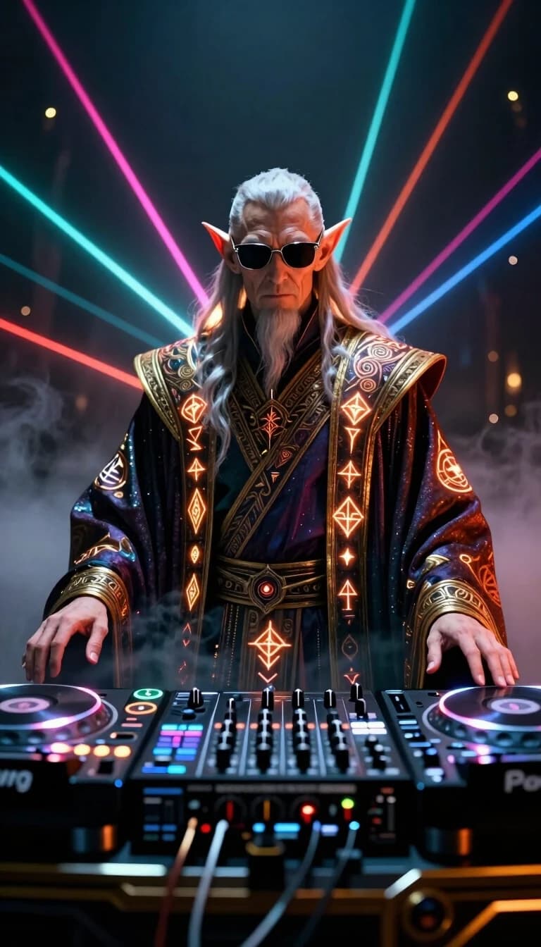 A majestic ancient fantasy wizard with pointy ears, wearing modern sunglasses, stands confidently behind an elaborate, futuristic DJ setup. He is draped in incredibly ornate robes woven with glowing arcane symbols. Behind him, the background is a deep, dark void punctuated by vibrant, crisscrossing laser beams cutting through the atmosphere. The mixer and turntables are highly detailed, featuring holographic displays and polished chrome. Cinematic lighting, dramatic rim light catching the folds of his robe. Shot on an Arri Alexa LF, 85mm lens, shallow depth of field (bokeh). Hyperdetailed, volumetric fog, octane render, epic fantasy, high contrast, ultra photorealistic.
,  <lora:Afterlight_v1.safetensors:0.3> <lora:alternative_reality_v1p.safetensors:0.6> <lora:DETAILCORE_FOREVER_V6.safetensors:0.4>
Negative prompt: blurry, low quality, noisy, photorealistic, messy lines, 3D render, complex textures, dull colors, artifacts.
Steps: 10, CFG scale: 1, Sampler: Euler, Seed: 859481884074955, Model: Krea2Turbo.safetensors, width: 2368, height: 1792, Version: v0.33.0-comfyui, Model hash: 78bbf8f416, Scheduler type: normal, Afterlight_v1.safetensors: 41459be6c4, DETAILCORE_FOREVER_V6.safetensors: ebc3452ded, alternative_reality_v1p.safetensors: b2c01f3dba