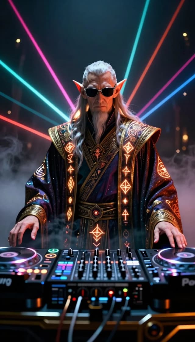 A majestic ancient fantasy wizard with pointy ears, wearing modern sunglasses, stands confidently behind an elaborate, futuristic DJ setup. He is draped in incredibly ornate robes woven with glowing arcane symbols. Behind him, the background is a deep, dark void punctuated by vibrant, crisscrossing laser beams cutting through the atmosphere. The mixer and turntables are highly detailed, featuring holographic displays and polished chrome. Cinematic lighting, dramatic rim light catching the folds of his robe. Shot on an Arri Alexa LF, 85mm lens, shallow depth of field (bokeh). Hyperdetailed, volumetric fog, octane render, epic fantasy, high contrast, ultra photorealistic.
,  <lora:Afterlight_v1.safetensors:0.3> <lora:alternative_reality_v1p.safetensors:0.6> <lora:DETAILCORE_FOREVER_V6.safetensors:0.4>
Negative prompt: blurry, low quality, noisy, photorealistic, messy lines, 3D render, complex textures, dull colors, artifacts.
Steps: 10, CFG scale: 1, Sampler: Euler, Seed: 859481884074955, Model: Krea2Turbo.safetensors, width: 2368, height: 1792, Version: v0.33.0-comfyui, Model hash: 78bbf8f416, Scheduler type: normal, Afterlight_v1.safetensors: 41459be6c4, DETAILCORE_FOREVER_V6.safetensors: ebc3452ded, alternative_reality_v1p.safetensors: b2c01f3dba