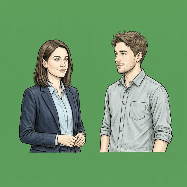 ```text id="q7m1vx"
Two recurring office characters for an educational corporate video.

CHARACTER 1 — FEMALE MANAGER:
A 33-year-old woman with a youthful realistic ordinary appearance, intelligent confident face, shoulder-length straight dark brown hair, subtle natural makeup, brown eyes, average build. Wearing a light blue blouse and dark navy blazer, no tie, elegant understated professional appearance. She looks like a competent young professional in her early thirties, NOT middle-aged.

CHARACTER 2 — MALE EMPLOYEE:
A 22-year-old man with a youthful realistic ordinary appearance, approachable intelligent face, short slightly tousled medium brown hair, light stubble, brown eyes, average build. Wearing a light gray-blue shirt with sleeves slightly rolled up, no jacket, no tie. He looks like a young adult professional, NOT middle-aged or elderly.

Both characters shown in a medium shot from slightly below the waist up. Arms and hands at least partially visible. Natural standing posture. The woman is slightly turned toward the man, the man slightly toward the woman. Both have calm neutral expressions.

COMPOSITION:
16:9 landscape format.
Female manager always on the LEFT. Male employee always on the RIGHT.
Characters must remain completely separate and must NOT overlap, touch, intersect or cover each other.
Large empty space between them.
Both fully inside the frame. Do NOT crop heads, hair, shoulders, arms, elbows or hands.
Neither character may touch or extend beyond the left or right edge. Leave generous side margins.

BACKGROUND:
Solid perfectly uniform chroma key green, pure flat green, evenly illuminated.
No gradients, shadows, texture, patterns or objects.
Do NOT use transparency.
No office, room, furniture, floor, walls or decoration.
No shadows on background.
No green lighting or green color spill on characters.
Clean edges suitable for easy chroma key removal.

STYLE:
Sophisticated editorial illustration, hand-drawn graphite pencil and black ink, subtle watercolor shading, realistic youthful adult proportions, expressive natural faces, elegant modern corporate illustration.

NOT cartoon, anime, caricature, comic book, 3D or photorealistic.
No text, no speech bubbles.
```